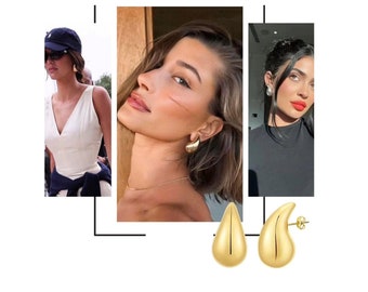 14K Gold Drop Earrings | Hailey Bieber Earrings | Chunky Dome Hoop Earrings | Drop Dupe Earrings | Teardrop Earrings I Mother's Day Gift