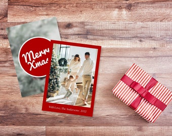 Red Classic Photo Christmas Card Printable | Photo Christmas Card, Photo Holiday, Modern Christmas Card, Christmas Card Template for Canva