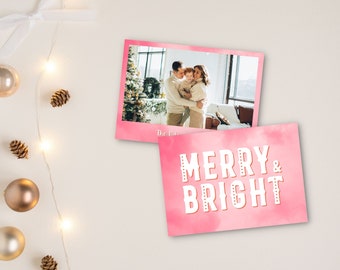 Pink Photo Christmas Card Printable | Photo Christmas Card, Printable Xmas Card, Modern Christmas Card, Christmas Card Template for Canva