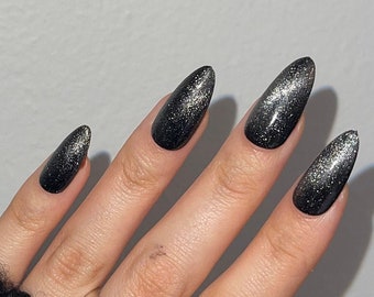 Cat Eye Galaxy Velvet Goth Black Press On Gel Nails JosieGelNails | Glitter Nails, Aesthetic Nails, Fake Nails, Celestial Nails, Emo Nails