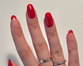 Red Glitter French Gel Press On Nails JosieGelNails  | Glitter Nails, Aesthetic Nails, Fake Nails, Spring Nails, Sheer Nails, French Tip