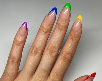 Pride Rainbow French Tip Gel Press On Nails JosieGelNails  | Rainbow Nails, Neon Nails, Fake Nails, Gay Nails, Pride Nails, Colorful Nails