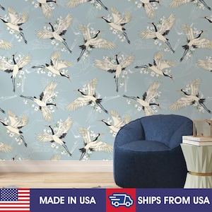 Japanese Crane Bird Chinoiserie Peel and Stick Canvas Wallpaper