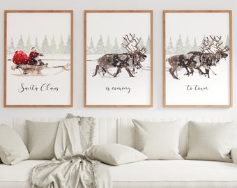 Set of 3 Santa Sleigh and Reindeers, Christmas Printable Wall Art, Xmas Printable Home Decor, Christmas Decorations, Rustic Wall Decor