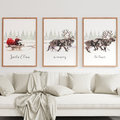 Set of 3 Santa Sleigh and Reindeers Christmas Printable Wall Etsy