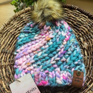 Hand Knit Hat Beanie for Infant through Age 2 Baby Toddler in Hand Dyed Merino Wool with Faux Fur Pom