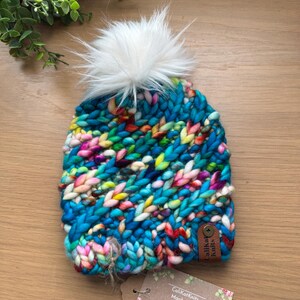 Hand Knit Hat Beanie for Infant through 12 months Baby in Hand Dyed Merino Wool from Ireland with White Faux Fur Pom