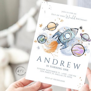 First Trip around the sun invitation, Space birthday party invite, Rocket ship birthday card, Digital download R458