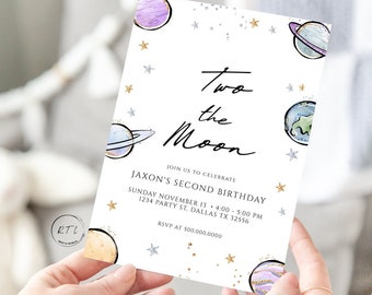 Two the moon birthday invitation, Second birthday invite, Outer space birthday invite, space theme birthday, Galaxy Moon, Digital,  D542