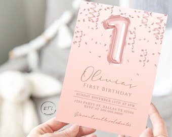 Number One Balloon birthday invitation, Foil Balloon invite, Pink Balloon invite, Girl First Birthday invitation, Editable Download,  G230