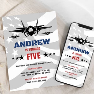 Top Pilot Birthday Invite, Military Jet Geburtstagseinladung, Any Age Jet einladen, Fighter Pilot Einladungskarte, Digital, T456