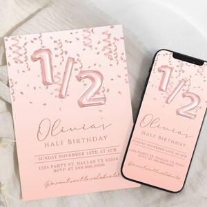 Half Birthday Invitation, Girl 1/2 Birthday Invite, 6 Month Pink Invitation, Pink 1/2 Birthday Invitation, Halfway to One, Editable Download