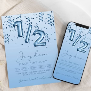 Half Birthday Invitation, Boy 1/2 Birthday Invite, 6 Month Blue Invitation, Blue 1/2 Birthday Invitation, Halfway to One, Editable Download