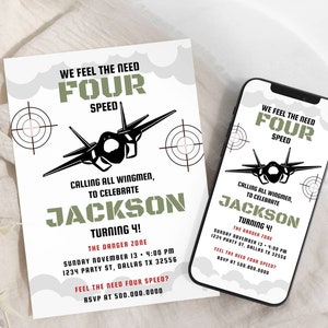 Need Four Speed Einladung, Wir fühlen die Notwendigkeit vier Geschwindigkeit Geburtstagseinladung, Need for Speed Jet einladen, Vierte Geburtstagseinladungskarte, T456