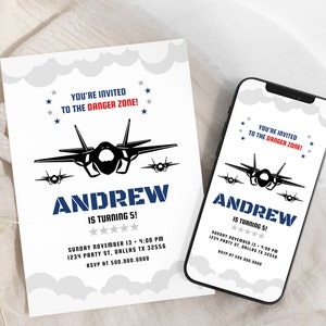 Top Pilot Birthday Invite, Military Jet Geburtstagseinladung, Any Age Jet einladen, Fighter Pilot Einladungskarte, Digital, T456