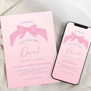 Invitación de cumpleaños de Rachel, invitación de primer cumpleaños, invitación de cumpleaños de lazo rosa, invitación de cumpleaños de la Sra, invitación de cumpleaños de cualquier edad, lazo rosa de cualquier edad