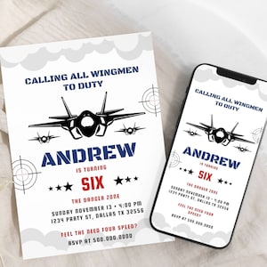Invitation d'anniversaire de pilote supérieur, invitation d'anniversaire de jet militaire, invitation d'avion de n'importe quel âge, carte d'invitation de pilote de chasse, numérique, T456