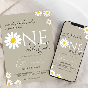 Convite Daisy Flower, convite de aniversário She Wonderful, convite Onederful, cartão floral, cartão She Lovely, marrom Baixar D1023