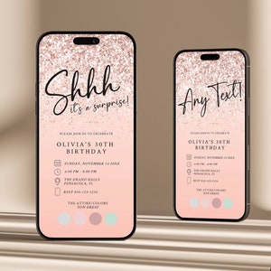 Rose Gold Shhh It&#39;s a Surprise Birthday Invitation Template, Pink Any Age Editable Birthday Invite, Rose Gold Glitter Surprise Party Fancy