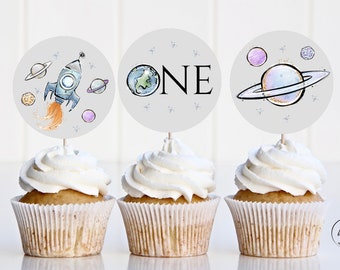 First Trip Around the Sun Birthday Cupcake Toppers, Outer Space Toppers, Onederful Galaxy Cupcake Toppers, Space Rocket Toppers, R458