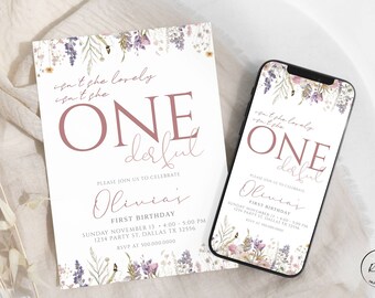 May include: A floral-themed first birthday invitation for a girl named Olivia. The invitation features a pink and white color scheme with a floral border and the text "Isn't she lovely, isn't she one derful".