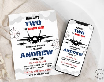 Invitación a la zona de peligro de la autopista dos, invitación de cumpleaños del jet militar, invitación a la zona de peligro de la autopista 2, tarjeta de invitación de dos cumpleaños, digital, T456