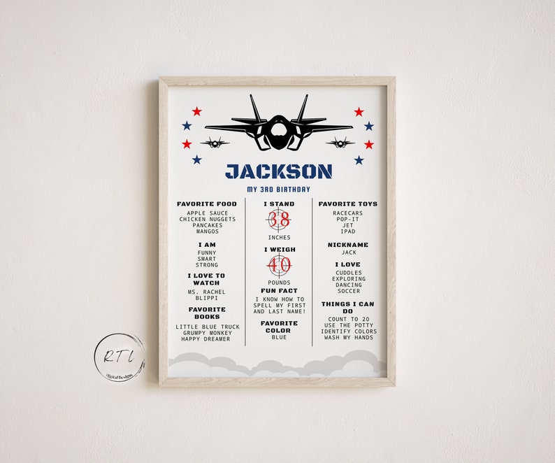May include: A printable birthday chart for a boy named Jackson turning 3. The chart features a black silhouette of a fighter jet, red and blue stars, and a list of his favorite things, including food, toys, and activities.