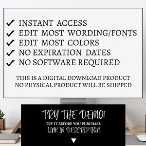 May include: A digital download product listing with a checklist of features, including instant access, editable wording and fonts, editable colours, no expiry dates, and no software required. The listing also includes a call to action to try a demo before purchasing.