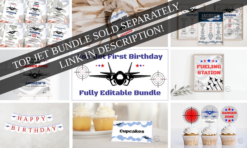 May include: A printable party bundle for a first birthday with a jet theme. The bundle includes invitations, a welcome sign, cupcake toppers, a banner, and a sign that says "Fueling Station". The design features a black jet plane with red, white, and blue accents.
