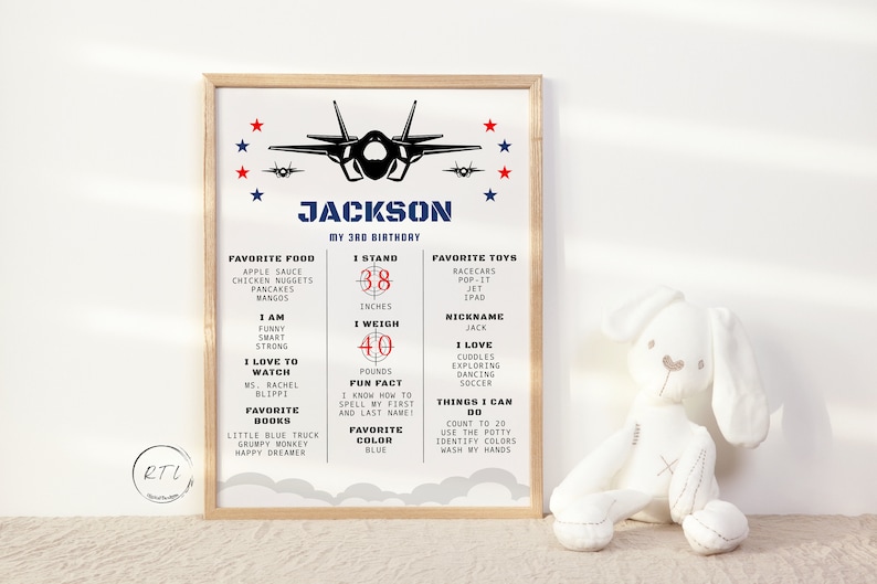 May include: A printable birthday chart for a boy named Jackson turning 3. The chart features a black silhouette of a fighter jet against a blue and white cloudy sky. It includes details like his favorite foods, toys, and things he can do. The chart is decorated with red and blue stars.