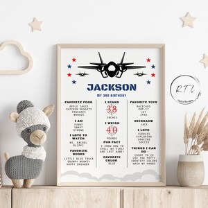 May include: A printable birthday poster for a boy turning three years old. The poster features a blue and black fighter jet, red stars, and a gray background. The poster includes information about the boy's favorite foods, toys, and activities. The poster also includes the boy's height and weight.