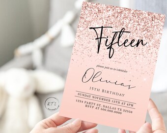 15th Birthday Invite Girl, Pink Confetti Glitter Any Age-Editable Birthday Invitation Template, Fifteenth Birthday Invitation, Rose Gold