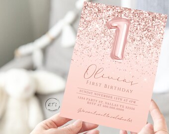 First birthday invitation, Foil Balloon invite, Pink Balloon invite, Girl First Birthday invitation, Editable Download,  G230