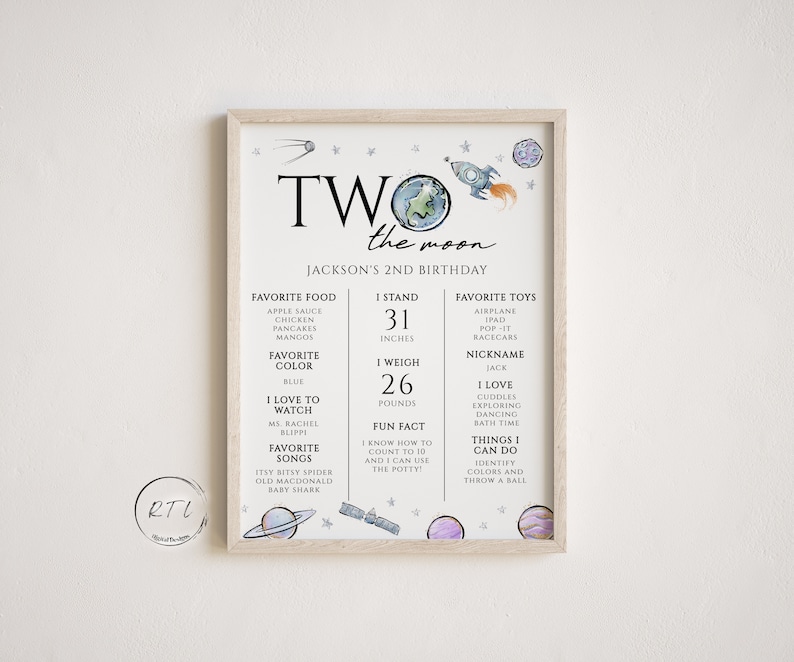 Two the moon milestone board, Two the moon Birthday Milestone Sign, Outer Space keepsake, 2nd birthday milestone, Editable Download, D542 image 2