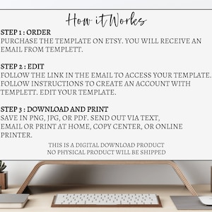 May include: A computer screen displaying instructions on how to order, edit, and download a digital template. The text on the screen reads "How it Works" and outlines the steps involved in purchasing, editing, and downloading a digital template. The screen is on a desk with a keyboard and a mouse.
