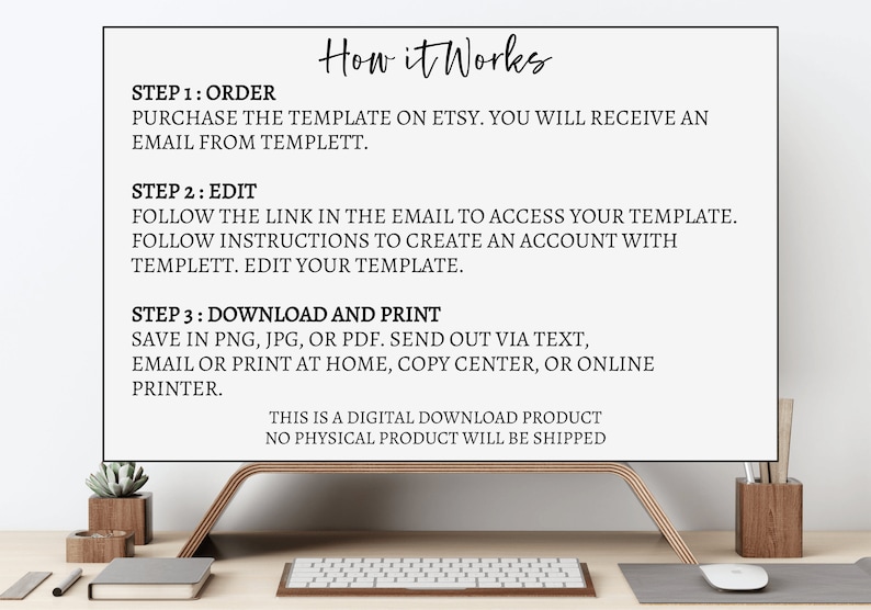 May include: A computer screen displaying instructions on how to order, edit, and download a digital template. The text on the screen reads "How it Works" and outlines the steps involved in purchasing, editing, and downloading a digital template. The screen is on a desk with a keyboard and a mouse.