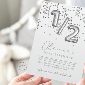 Half Birthday Invitation, Boy 1/2 Birthday Invite, 6 Month Silver Invite, Silver 1/2 Birthday Invitation, Halfway to One, Editable Download