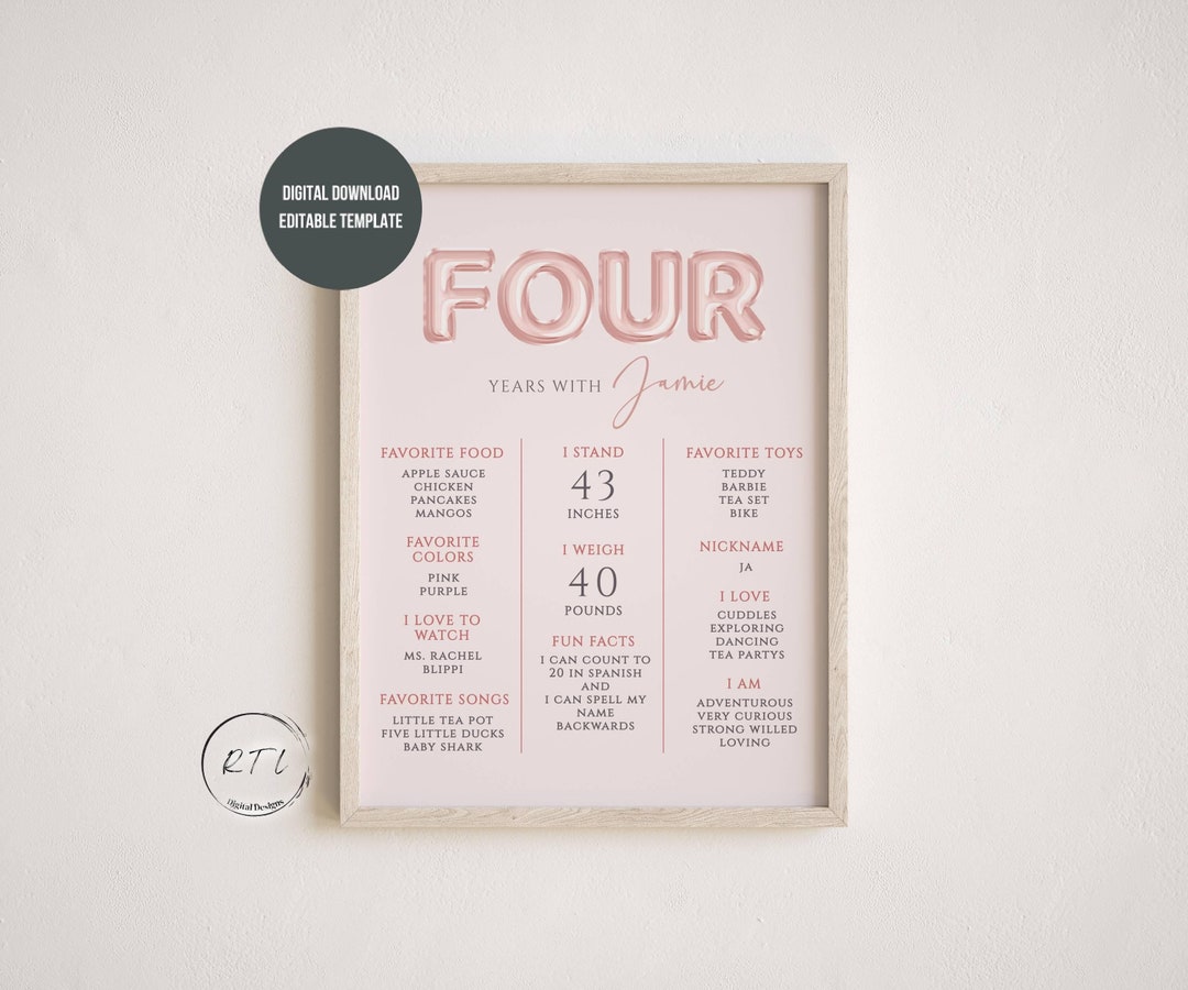 FOUR Balloon Milestone Board, Fourth Birthday Milestone Sign ...
