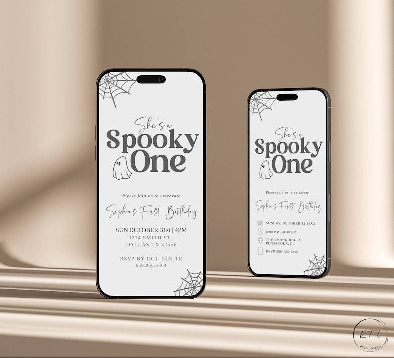 May include: Two digital phone screen mockups displaying a grey and white Halloween-themed first birthday party invitation. The text reads "She's Spooky One" and includes details for the party, such as the date, time, and location.