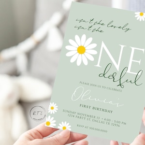 Convite Daisy Flower, convite de aniversário She Wonderful, convite Onederful, cartão floral, cartão She Lovely, Editar Download D1023
