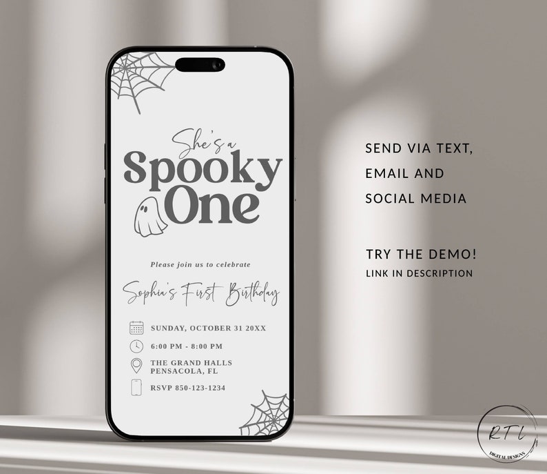 May include: A digital invitation for a spooky themed first birthday party. The invitation features a ghost, spiderwebs, and the text "She's a Spooky One". The invitation includes the date, time, location, and RSVP information.