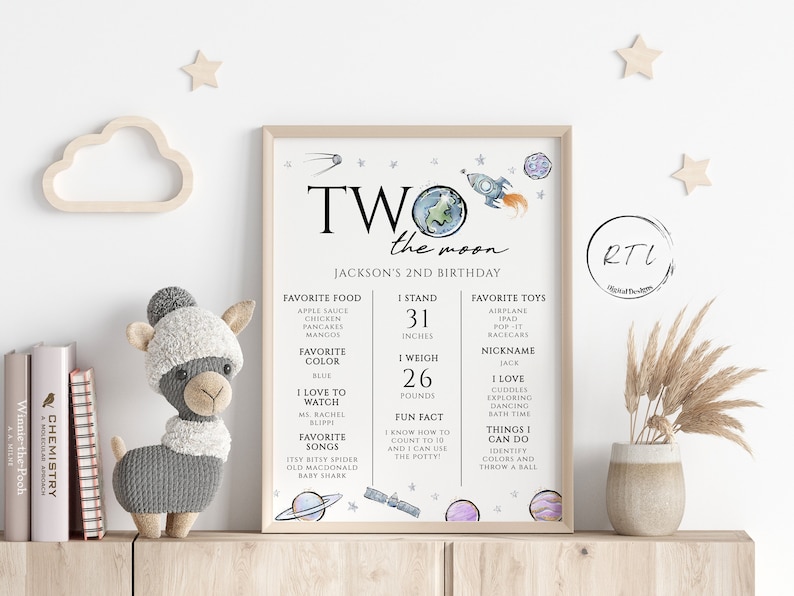 Two the moon milestone board, Two the moon Birthday Milestone Sign, Outer Space keepsake, 2nd birthday milestone, Editable Download, D542 image 1