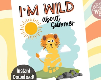 Zomerse leeuw voetafdruk afdrukbaar, kindervoetafdruk kunst, zomerknutsels voor kinderen, kinderdagverblijf peuteractiviteit, kinderzomerherinnering, voorschoolse ambachten