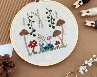 Mushroom Embroidery Kit Whimsy Snail Beginner: Modern Adult Cross Stitch, DIY Craft