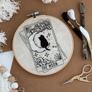 DIY Tarot Embroidery Kit – The Moon Card - Beginner DIY Witchy Stitch Kit with Peel & Stick Pattern - Mystical Craft Gift - Halloween Spooky