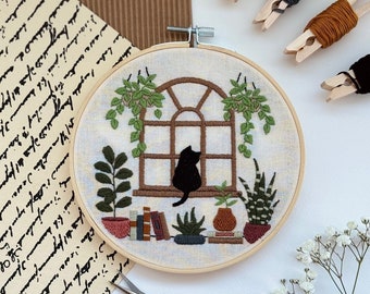 DIY Sunroom Cat Embroidery Kit - Beginner Crafting - Cats and Plants and Books Kit - 6 Inch Hoop - Adult Crafting Kit - Plants and Books -