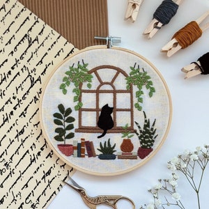 Beginner Embroidery Kit Sunroom Cat: DIY Modern Adult Cross Stitch Crafting