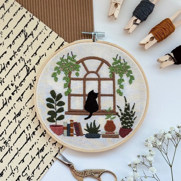 DIY Sunroom Cat Embroidery Kit - Beginner Crafting - Cats and Plants and Books Kit - 6 Inch Hoop - Adult Crafting Kit - Plants and Books -