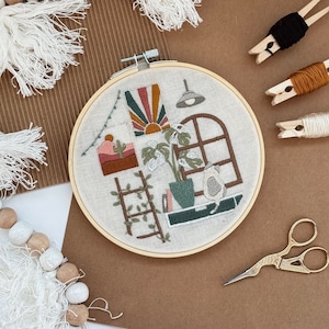 Beginner Embroidery Kit Cat and Plants: Modern Boho Cross Stitch, DIY Craft