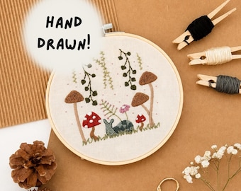 Mushroom Embroidery Kit Whimsy Snail Beginner: Modern Adult Cross Stitch, DIY Craft